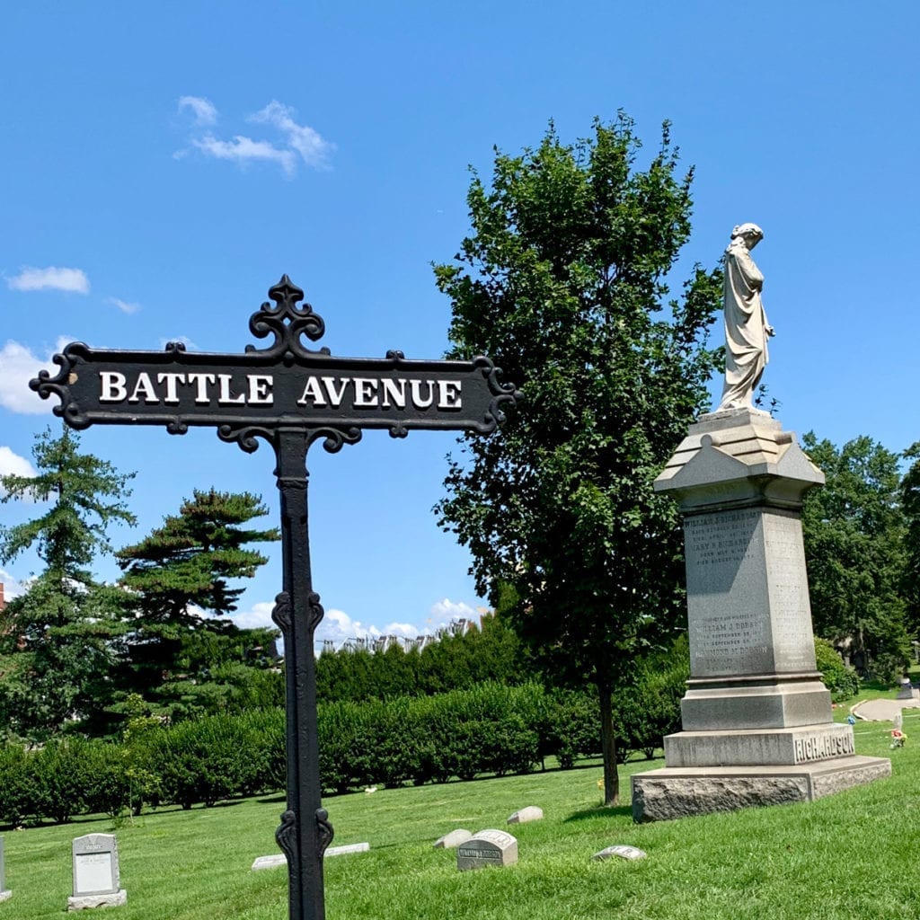 Historic Green-Wood Cemetery Battle Avenue street sign 