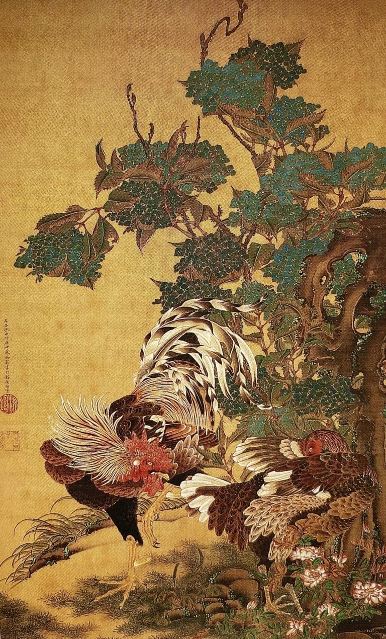 Rooster Hen Hydrangeas by Ito Jakuchu